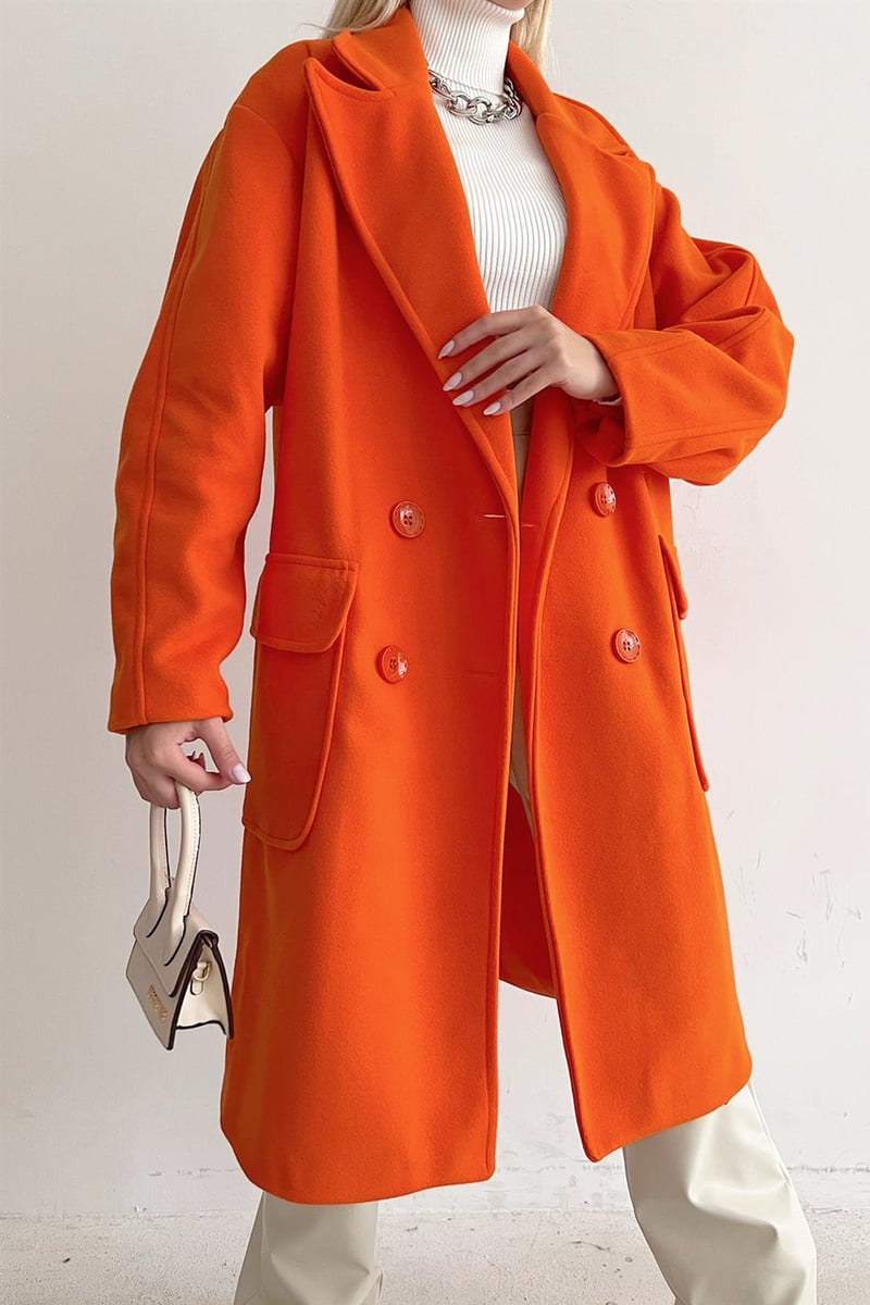 Bone Button Double-Breasted Overcoat Orange