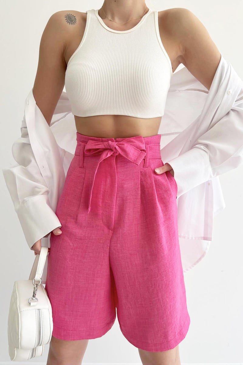 Belt Detailed Pleated Shorts Fuchsia