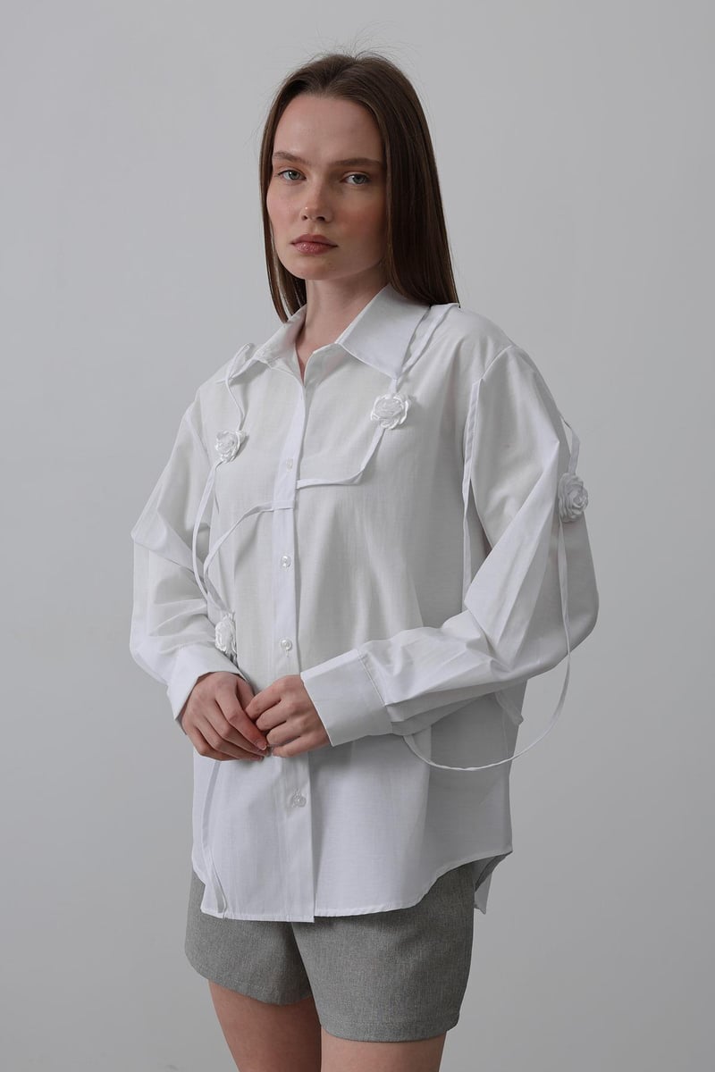 Çiçekli Oversize Gömlek - Beyaz