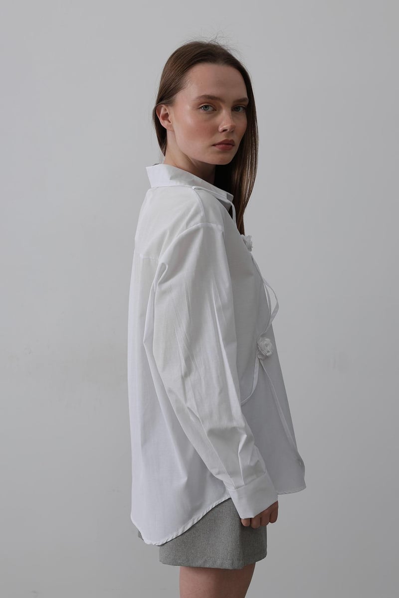 Çiçekli Oversize Gömlek - Beyaz