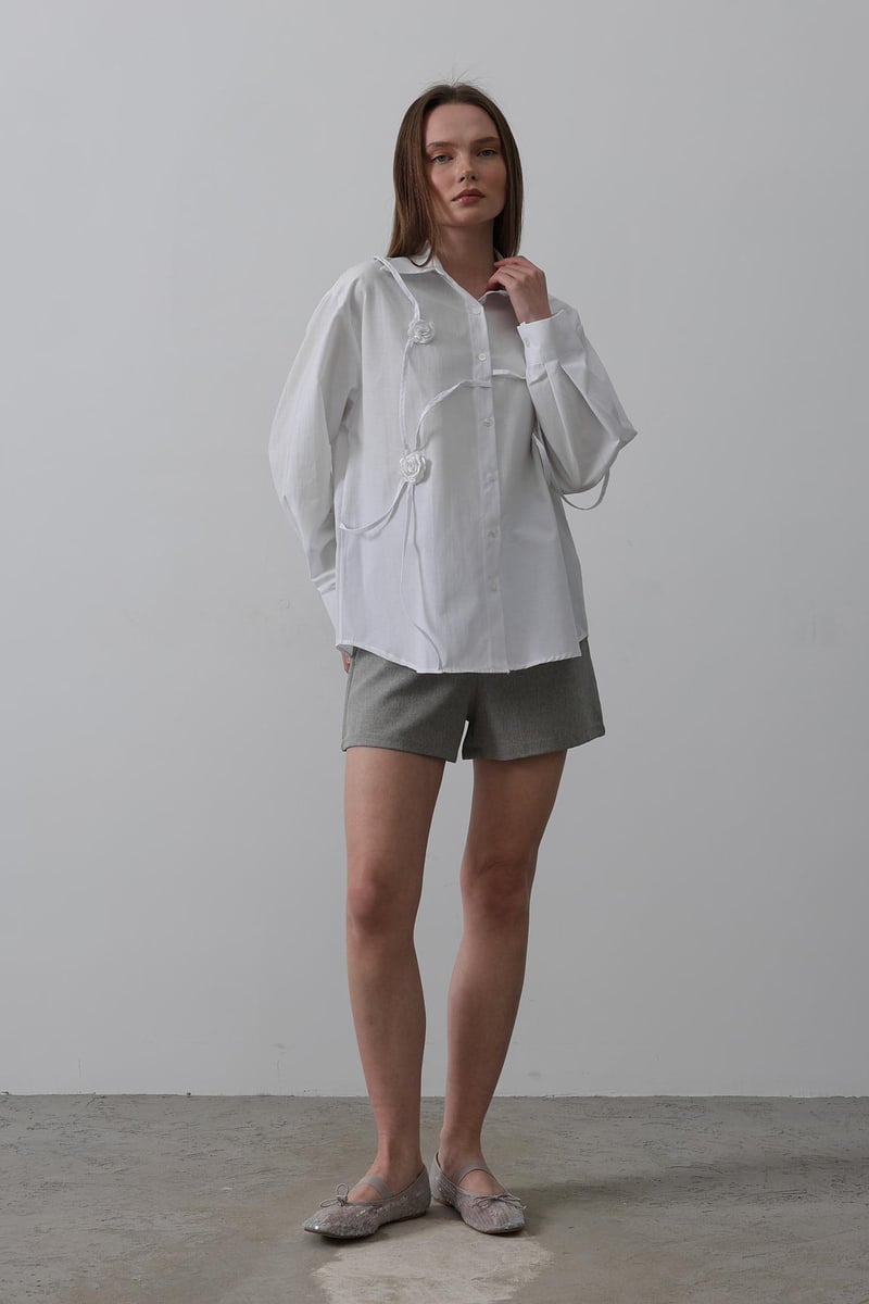 Çiçekli Oversize Gömlek - Beyaz
