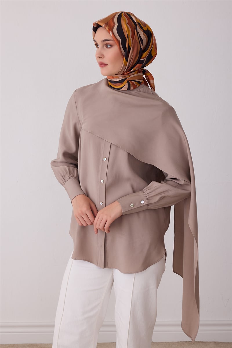 Açık Kahve Soyut Desen %100 Twill İpek Eşarp 4414-30
