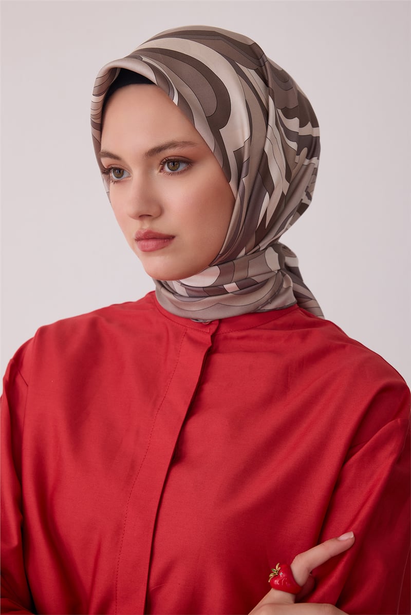 Bej Soyut Desen %100 Twill İpek Eşarp 4414-86