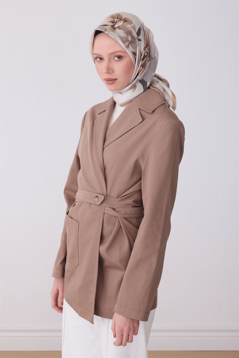 Belli Bej Çiçek Desen %100 Twill İpek Eşarp 4330-84