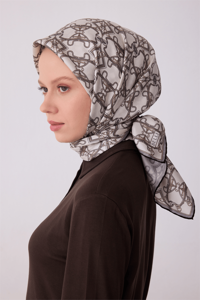 Belli Bej Klasik Desen %100 Twill İpek Eşarp 4328-84