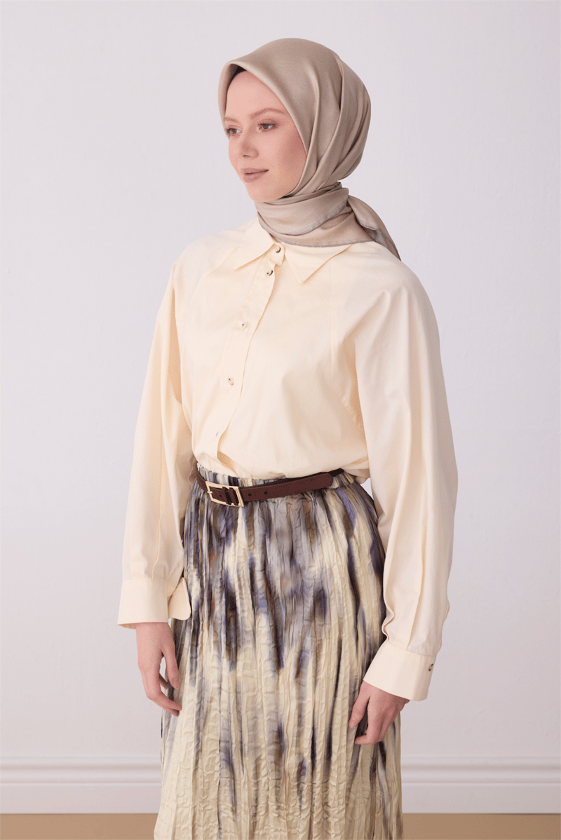 Belli Bej Klasik Desen %100 Twill İpek Eşarp 4305-82