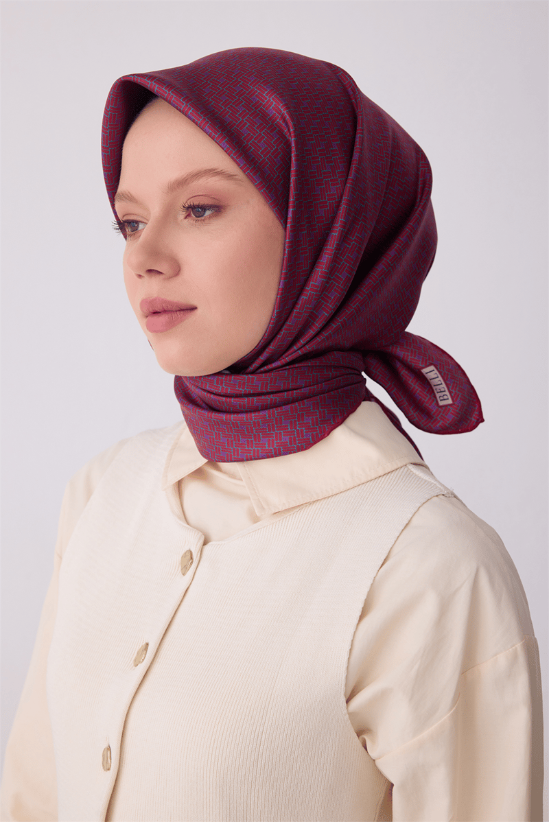 Belli Bordo Klasik Desen %100 Twill İpek Eşarp 4317-89