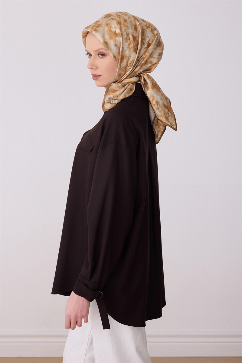 Belli Camel Çiçek Desen %100 Twill İpek Eşarp 4319-06