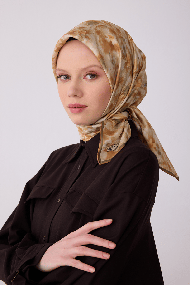 Belli Camel Çiçek Desen %100 Twill İpek Eşarp 4319-06