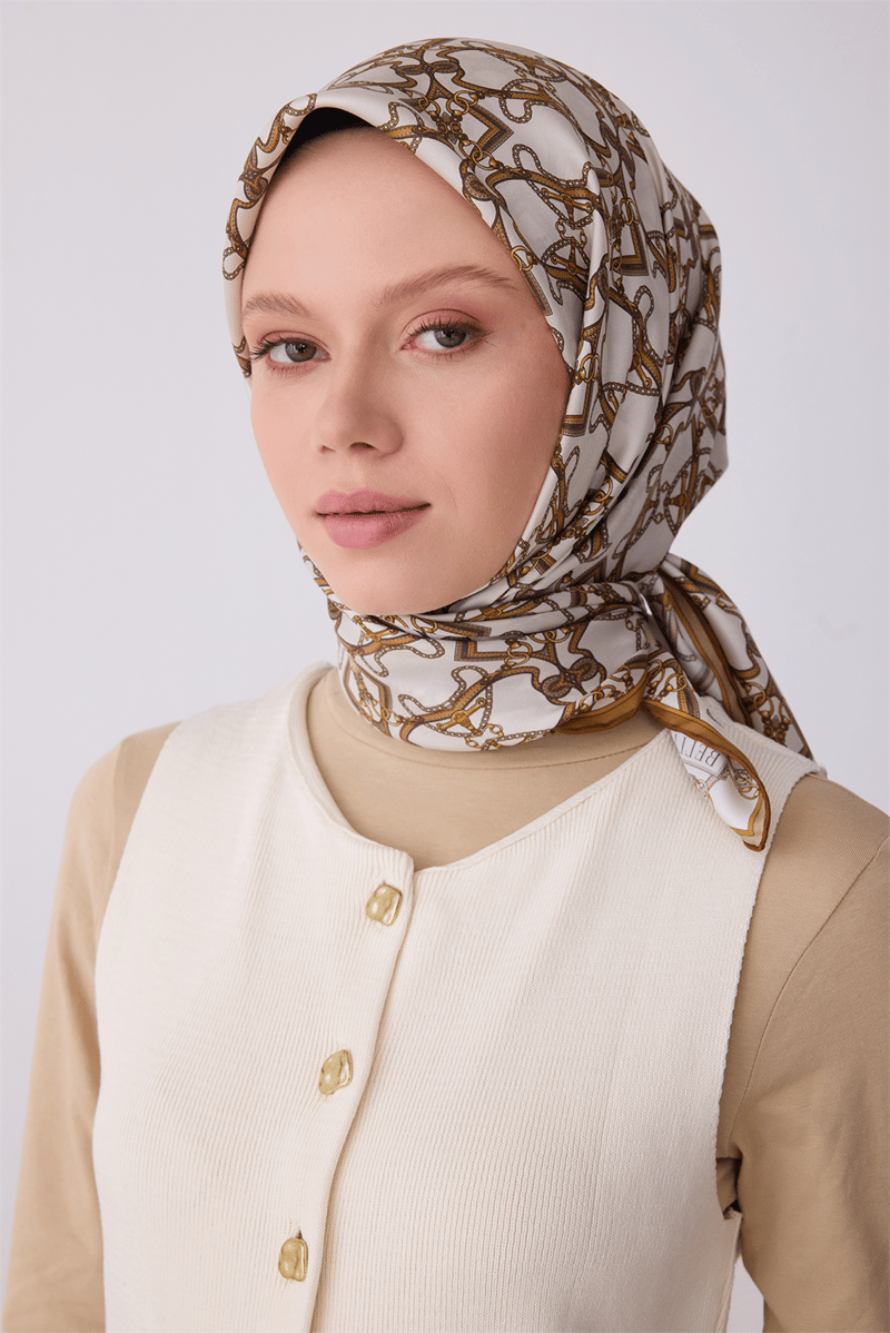 Belli Camel Klasik Desen %100 Twill İpek Eşarp 4328-03