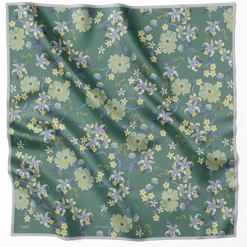 BELLİ ÇİÇEK DESEN İPEK EŞARP 4210D (TWILL) ZÜMRÜT - 56