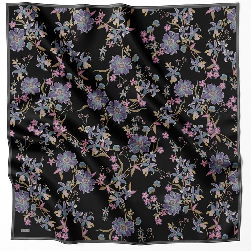 BELLİ ÇİÇEK DESEN İPEK EŞARP 4210D (TWILL) SİYAH - 88