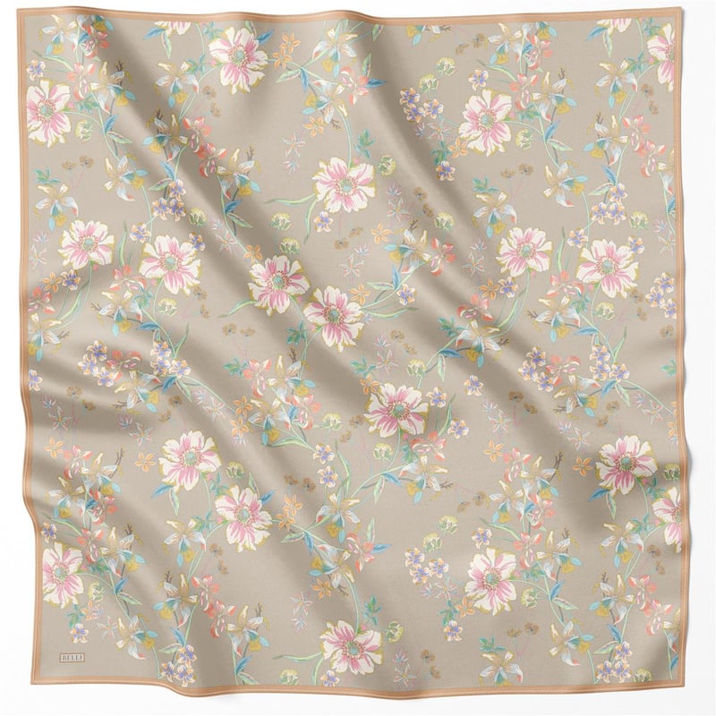 BELLİ ÇİÇEK DESEN İPEK EŞARP 4210D (TWILL) VİZON - 07
