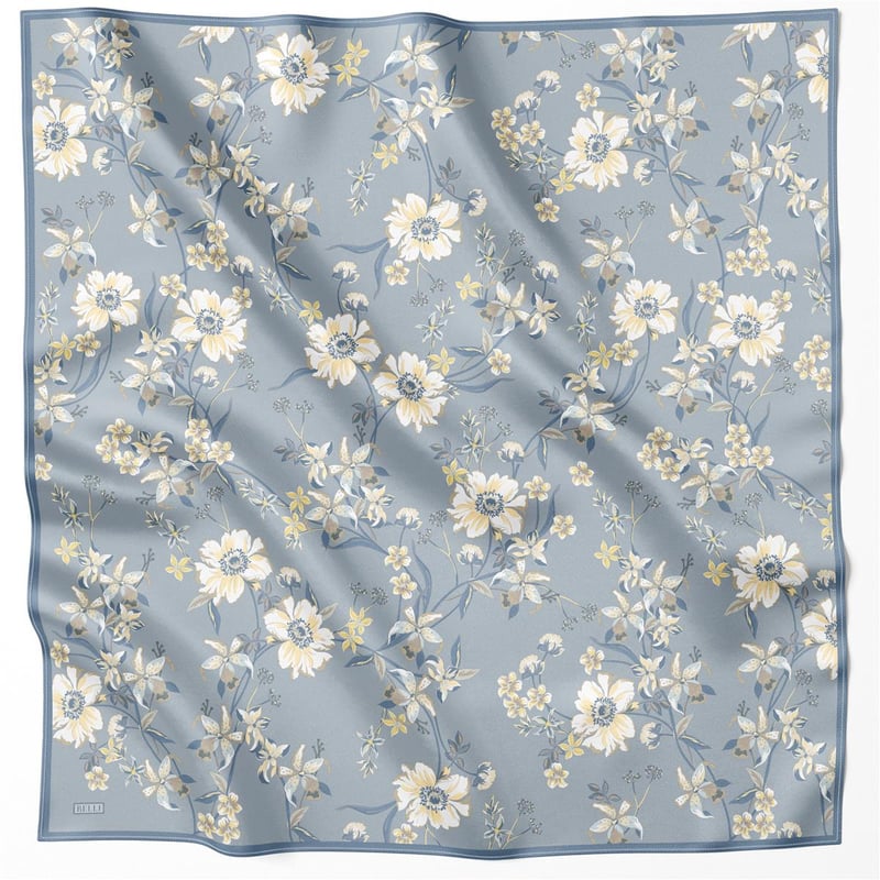 BELLİ ÇİÇEK DESEN İPEK EŞARP 4210D (TWILL) İNDİGO - 52