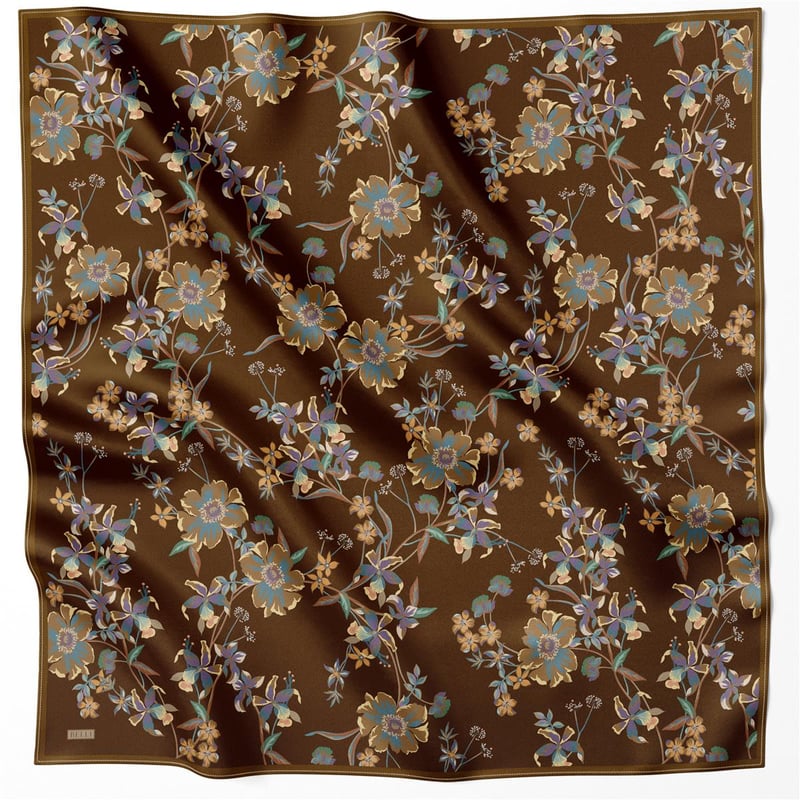 BELLİ ÇİÇEK DESEN İPEK EŞARP 4210D (TWILL) KAHVE - 85