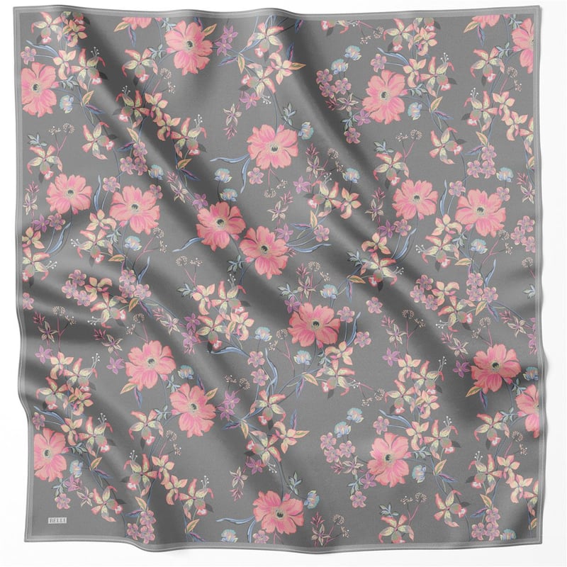 BELLİ ÇİÇEK DESEN İPEK EŞARP 4210D (TWILL) GRİ - 83