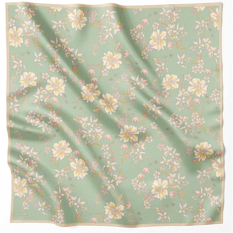 BELLİ ÇİÇEK DESEN İPEK EŞARP 4210D (TWILL) SU YEŞİLİ - 58