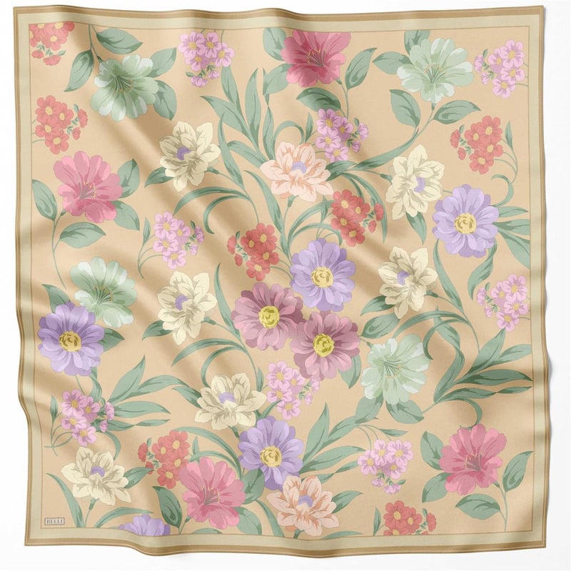 BELLİ ÇİÇEK DESEN İPEK EŞARP 4219D (TWILL) BEJ - 50