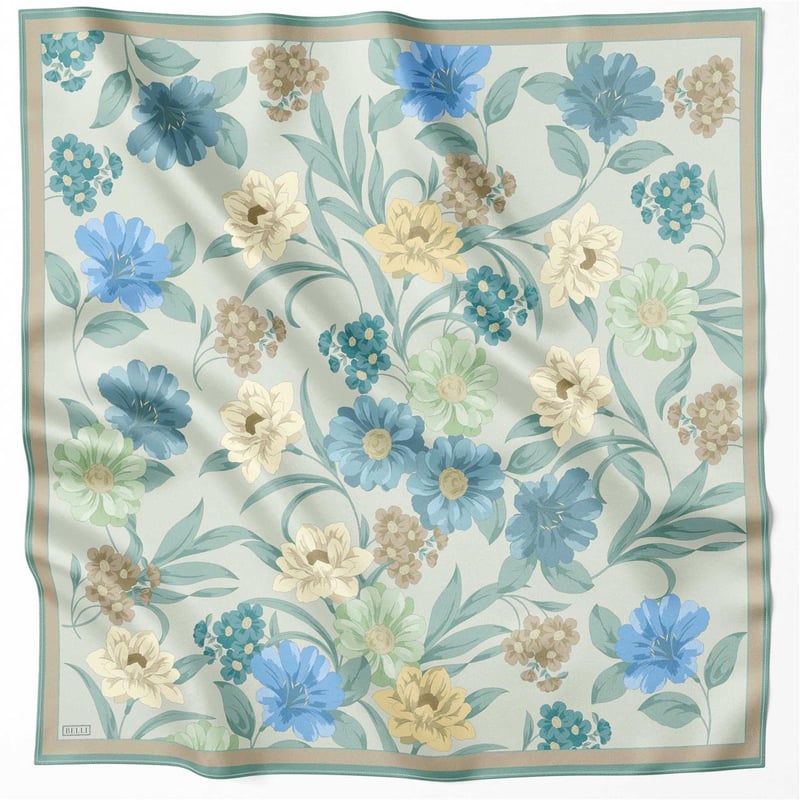 BELLİ ÇİÇEK DESEN İPEK EŞARP 4219D (TWILL) MAVİ YEŞİL - 53