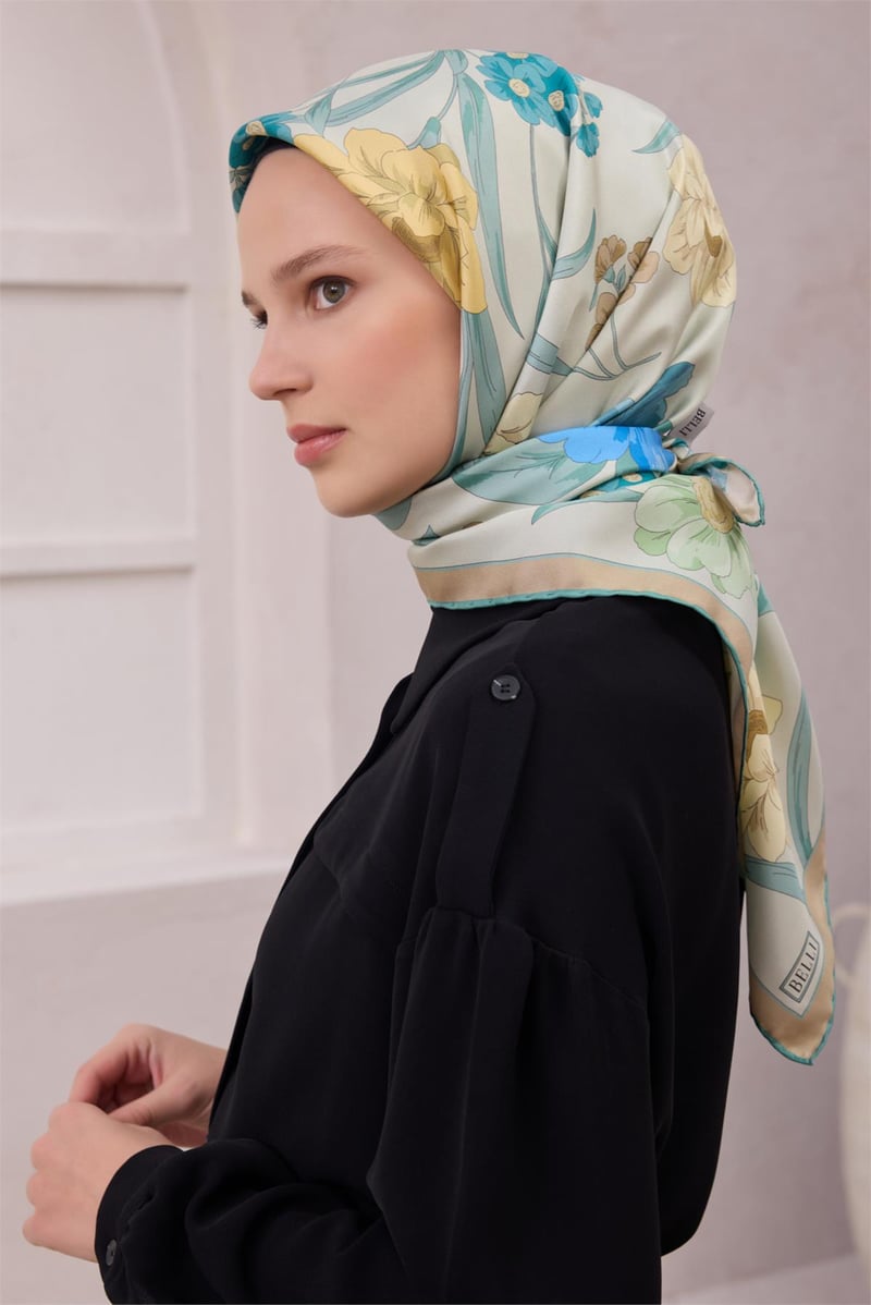 {URUNSEO_TITLE} | BELLI | BELLİ İPEK EŞARP | BELLİ ÇİÇEK DESEN İPEK EŞARP 4219D (TWILL) MAVİ YEŞİL - 53