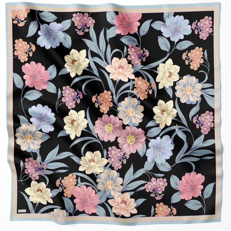 BELLİ ÇİÇEK DESEN İPEK EŞARP 4219D (TWILL) SİYAH - 33
