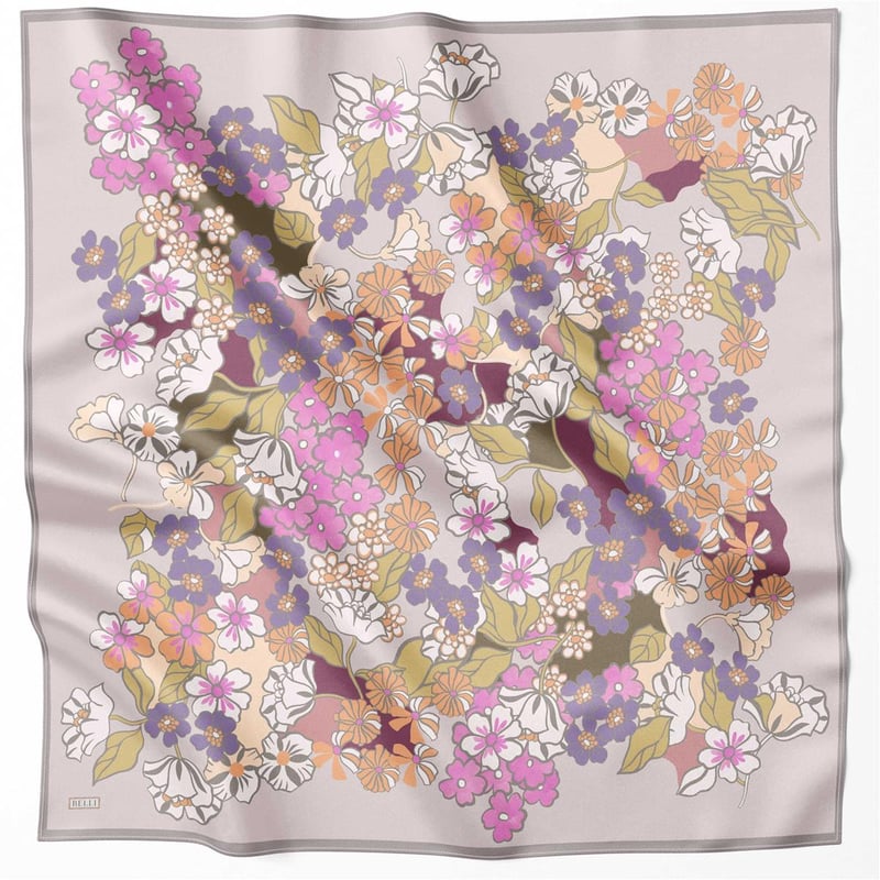 BELLİ ÇİÇEK DESEN İPEK EŞARP 4220D (TWILL) GRİ PEMBE - 31