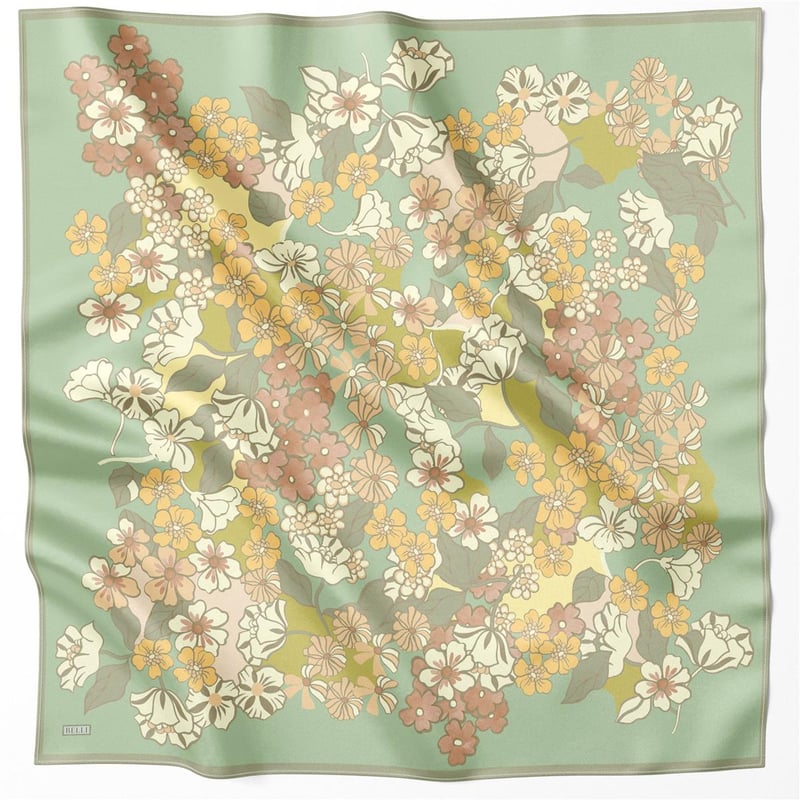 BELLİ ÇİÇEK DESEN İPEK EŞARP 4220D (TWILL) YEŞİL - 58