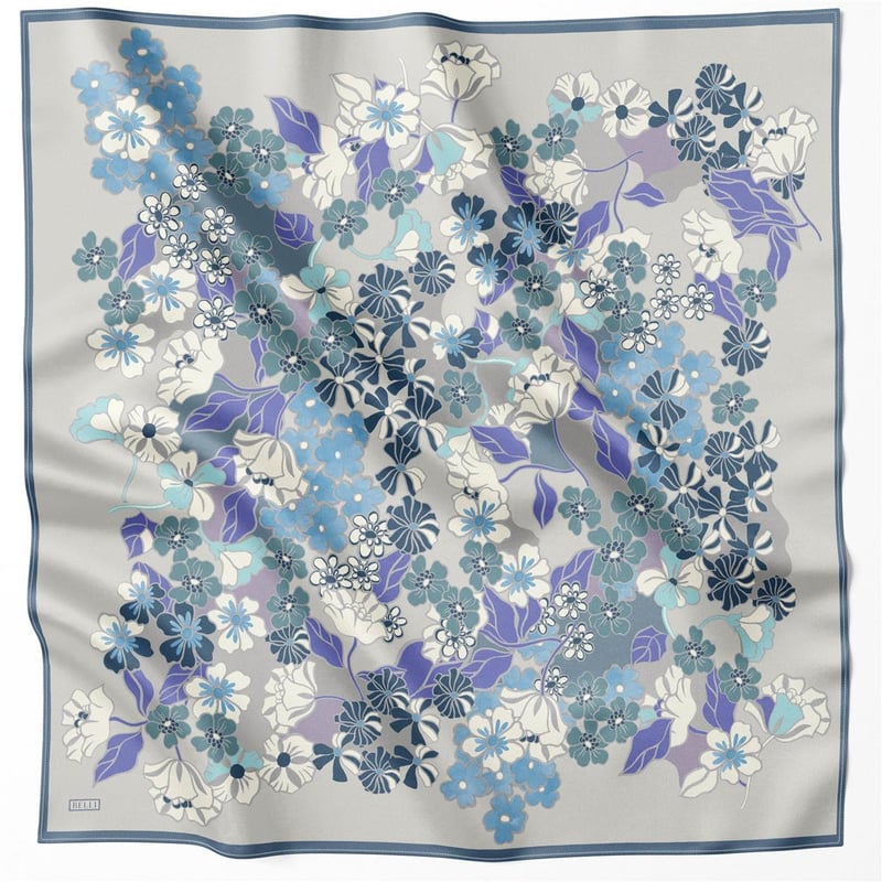 BELLİ ÇİÇEK DESEN İPEK EŞARP 4220D (TWILL) GRİ MAVİ - 56