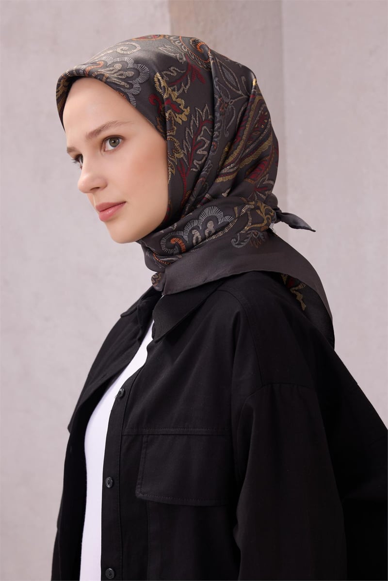 {URUNSEO_TITLE} | BELLI | BELLİ İPEK EŞARP | BELLİ ÇİÇEKLİ DESEN İPEK EŞARP 4207D (TWILL) ANTRASİT - 07