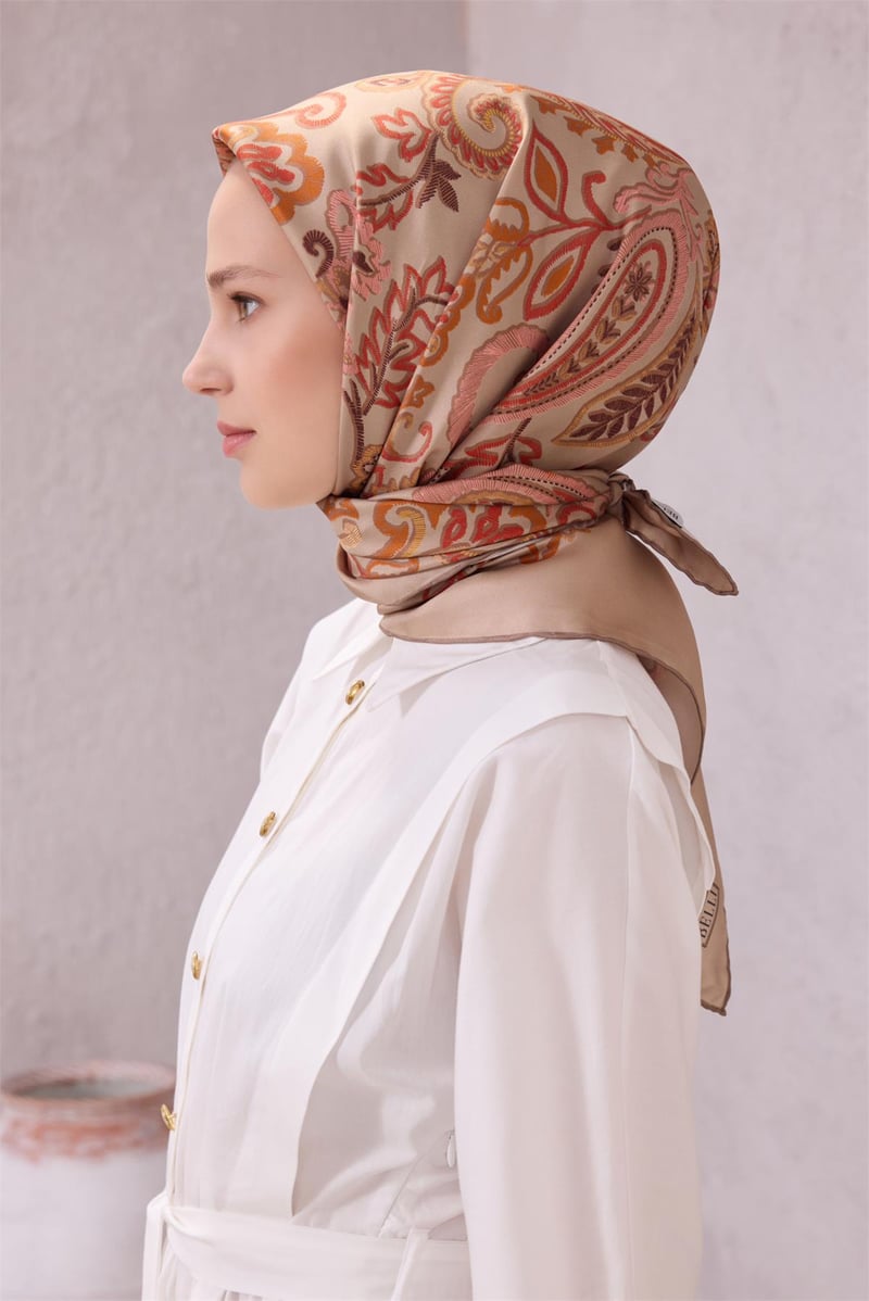 {URUNSEO_TITLE} | BELLI | BELLİ İPEK EŞARP | BELLİ ÇİÇEKLİ DESEN İPEK EŞARP 4207D (TWILL) BEJ - 03