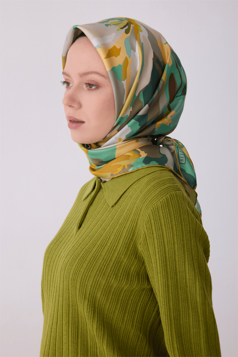 Belli Çok Renkli Çiçek Desen %100 Twill İpek Eşarp 4315-04