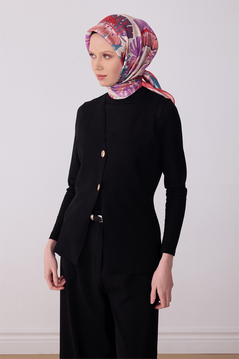 Belli Çok Renkli Çiçek Desen %100 Twill İpek Eşarp 4323-82