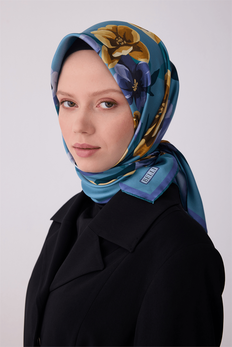 Belli Çok Renkli Çiçek Desen %100 Twill İpek Eşarp 4330-82