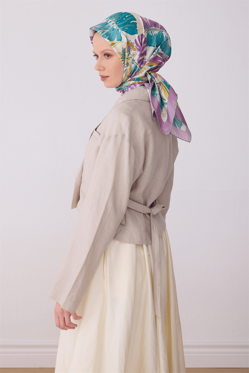 Belli Çok Renkli Çiçek Desen %100 Twill İpek Eşarp 4323-84