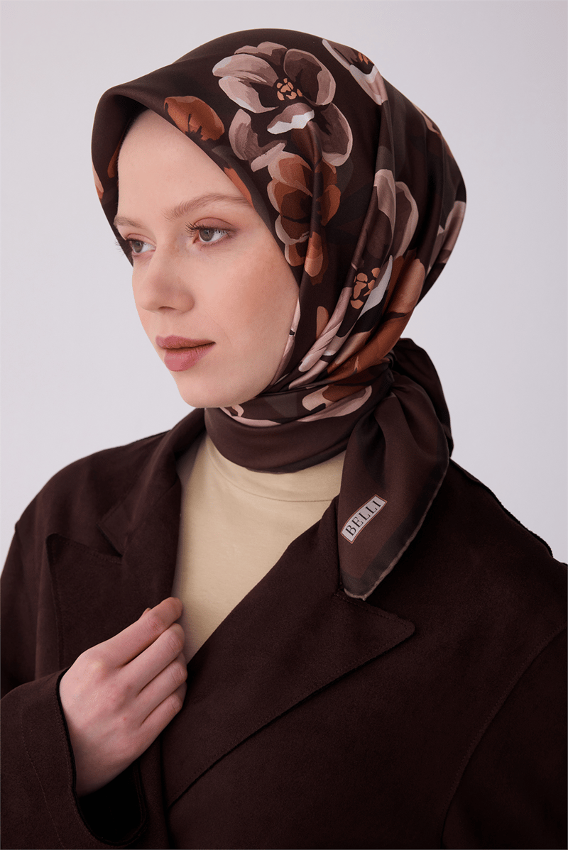 Belli Çok Renkli Çiçek Desen %100 Twill İpek Eşarp 4330-51