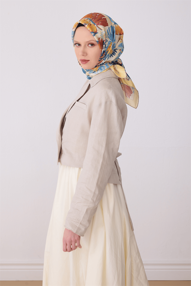 Belli Çok Renkli Çiçek Desen %100 Twill İpek Eşarp 4323-80