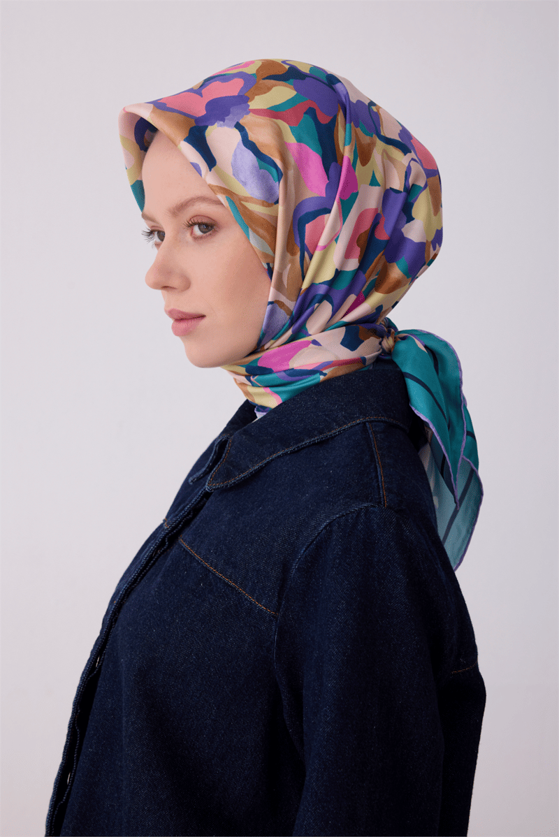 Belli Çok Renkli Çiçek Desen %100 Twill İpek Eşarp 4312-36