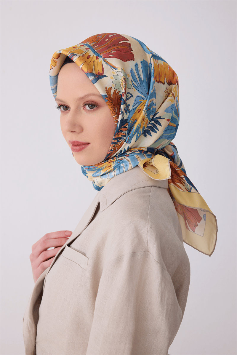 Belli Çok Renkli Çiçek Desen %100 Twill İpek Eşarp 4323-80