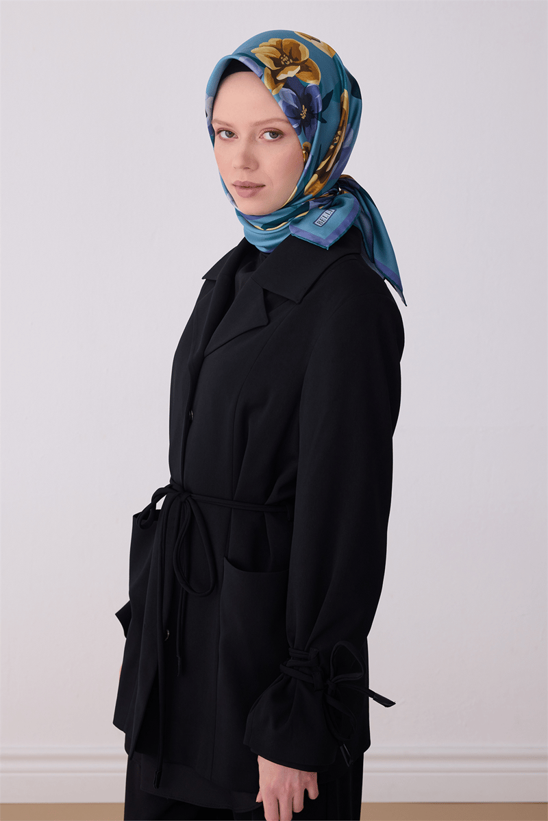 Belli Çok Renkli Çiçek Desen %100 Twill İpek Eşarp 4330-82