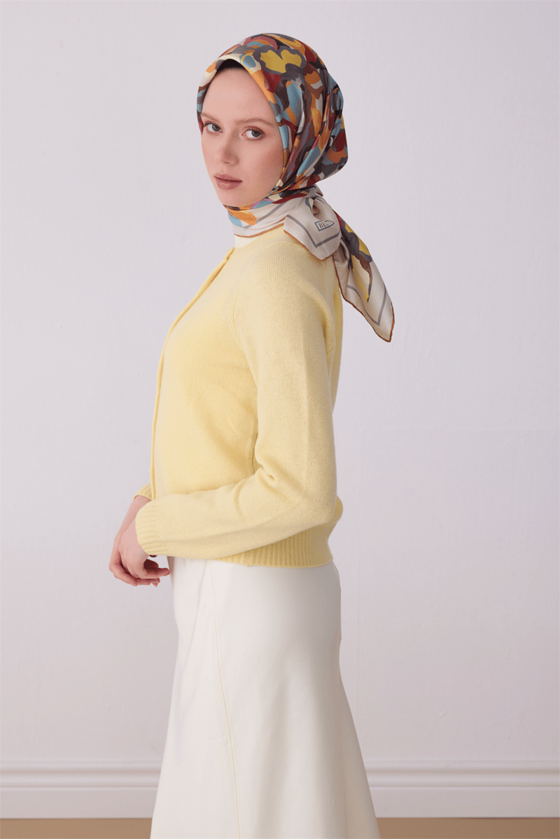 Belli Çok Renkli Çiçek Desen %100 Twill İpek Eşarp 4312-84