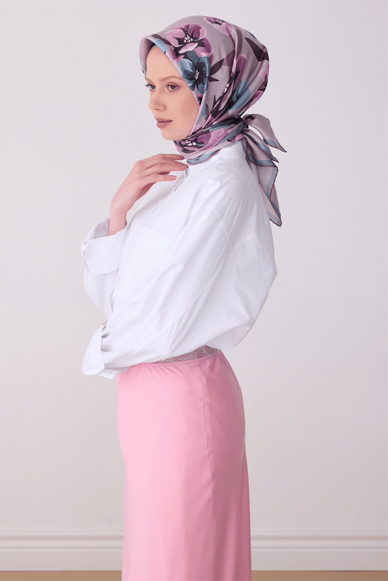 Belli Çok Renkli Çiçek Desen %100 Twill İpek Eşarp 4330-85