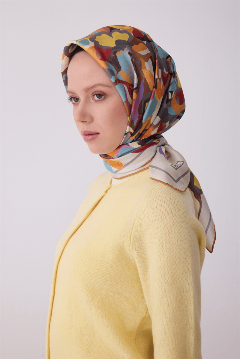 Belli Çok Renkli Çiçek Desen %100 Twill İpek Eşarp 4312-84