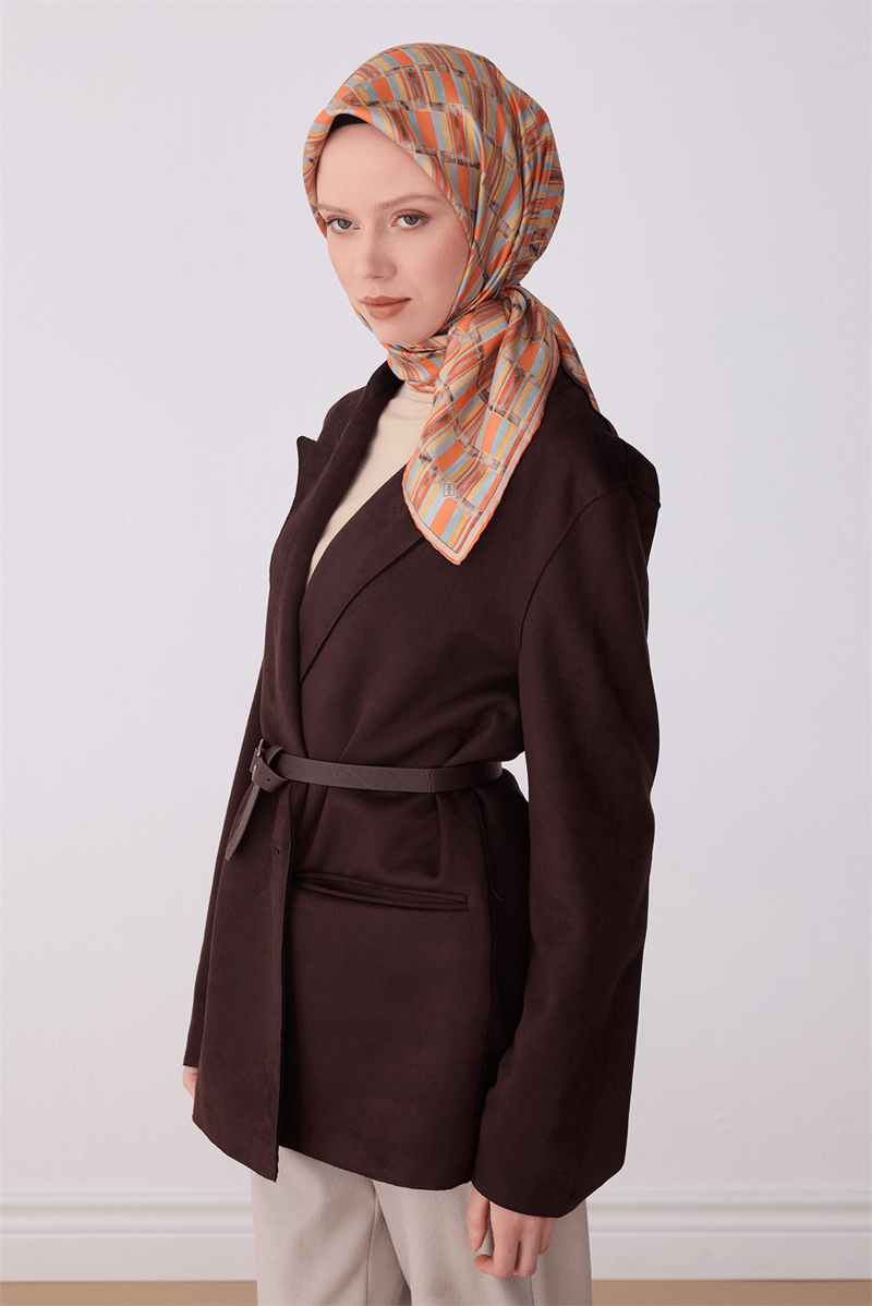 Belli Çok Renkli Geometrik Desen %100 Twill İpek Eşarp 4302-81