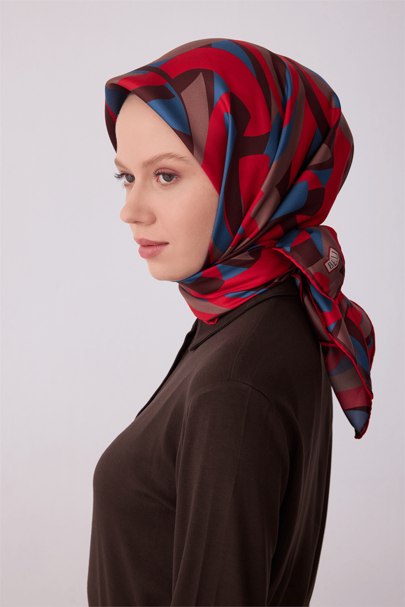 Belli Çok Renkli Geometrik Desen %100 Twill İpek Eşarp 4327-85