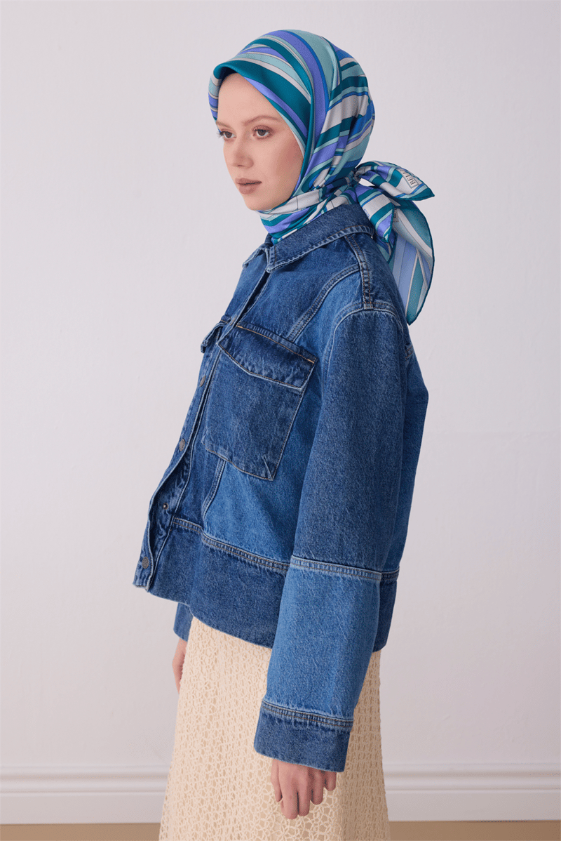 Belli Çok Renkli Geometrik Desen %100 Twill İpek Eşarp 4311-02