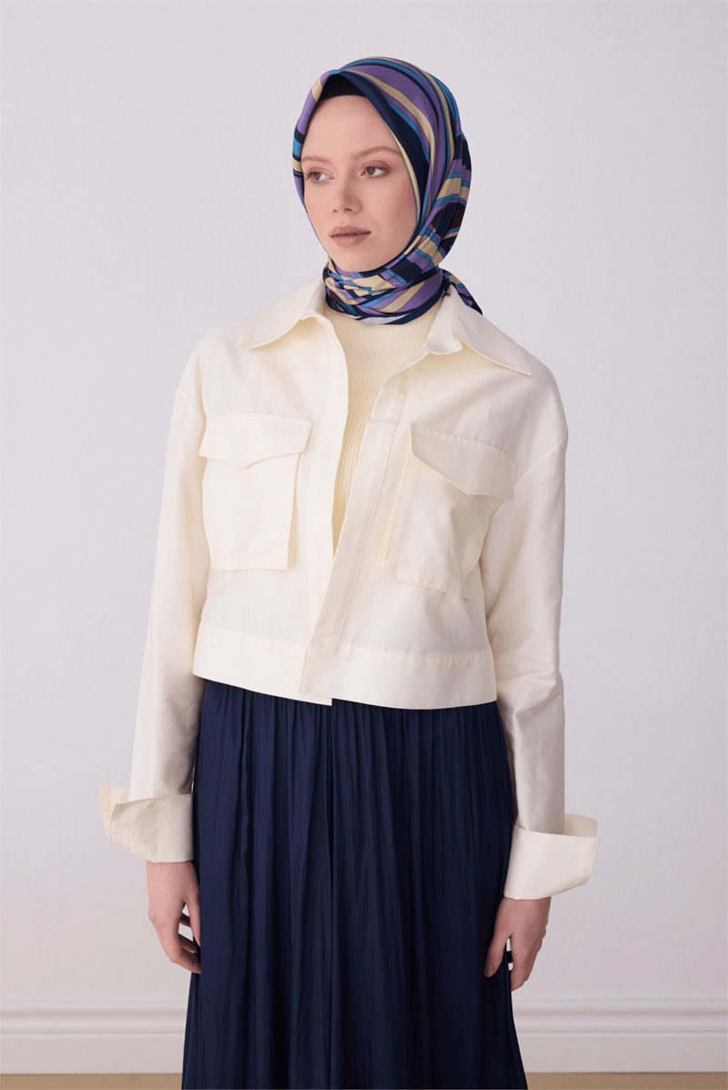 Belli Çok Renkli Geometrik Desen %100 Twill İpek Eşarp 4311-85