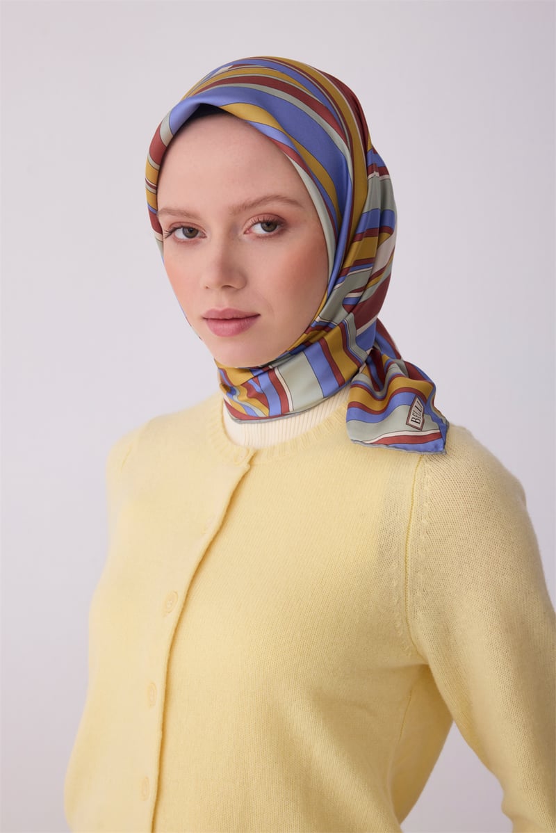 Belli Çok Renkli Geometrik Desen %100 Twill İpek Eşarp 4311-32