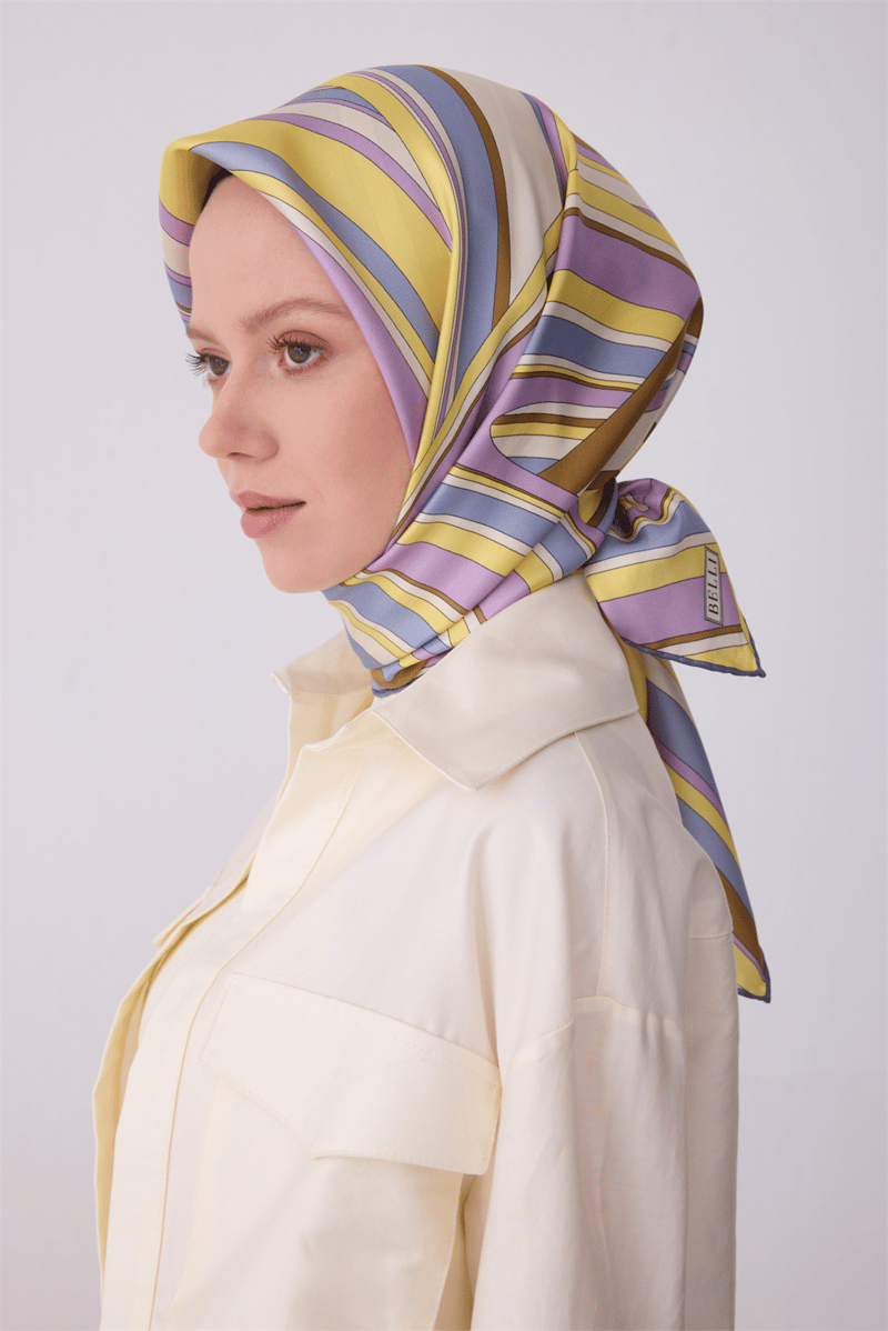 Belli Çok Renkli Geometrik Desen %100 Twill İpek Eşarp 4311-03