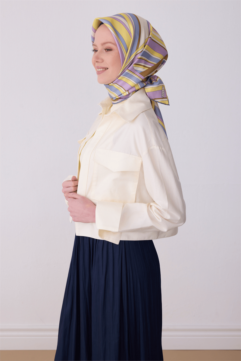Belli Çok Renkli Geometrik Desen %100 Twill İpek Eşarp 4311-03