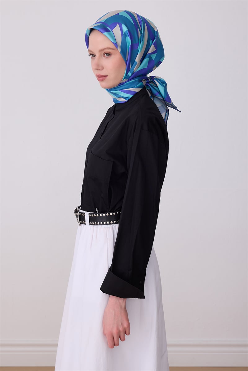 Belli Çok Renkli Geometrik Desen %100 Twill İpek Eşarp 4327-51